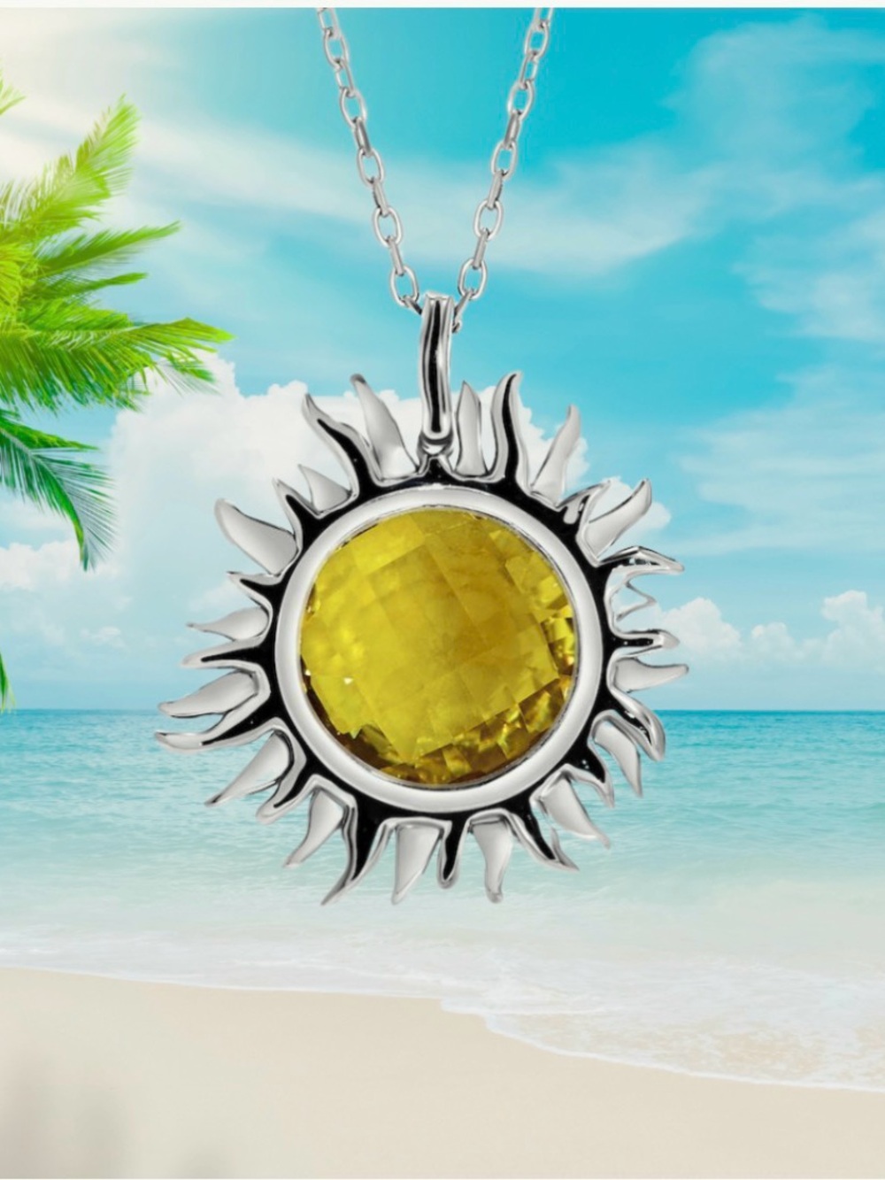 🌞 Glow of the Caribbean Sun Pendant and Chain. 6 Carat Lemon Quartz